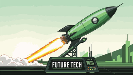 Dynamic illustration of a green rocket launching from a futuristic platform, symbolizing pioneering innovation, technological advancement, and the exciting possibilities of the future
