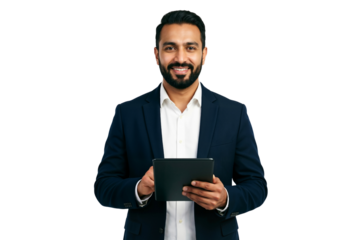 Handsome business man holding tablet, smiling nicely, isolated on transparent background
