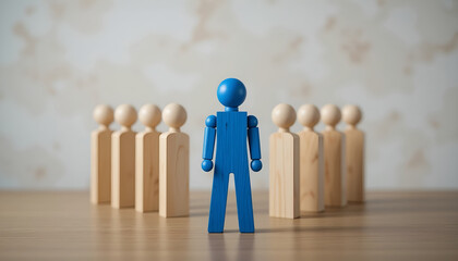 Leadership recruitment and corporate individuality concept with blue figure standing out from wooden crowd for business website header