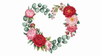 Elegant heart-shaped floral wreath with roses and eucalyptus