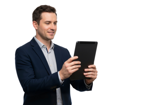 Businessman using a digital tablet and working, isolated on transparent background - Powered by Adobe