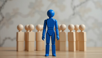 Leadership and individuality concept with blue figure standing out from wooden crowd for corporate HR recruitment banner