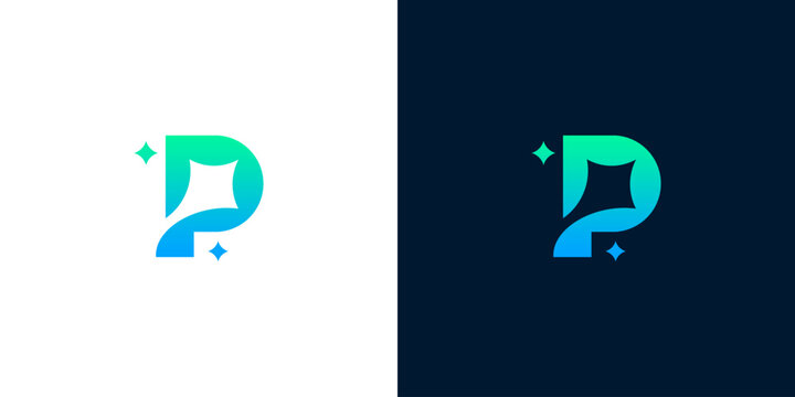 Modern letter P logo design with a vibrant green to blue gradient and sparkling star accents, ideal for innovative brands seeking brilliance and professional identity