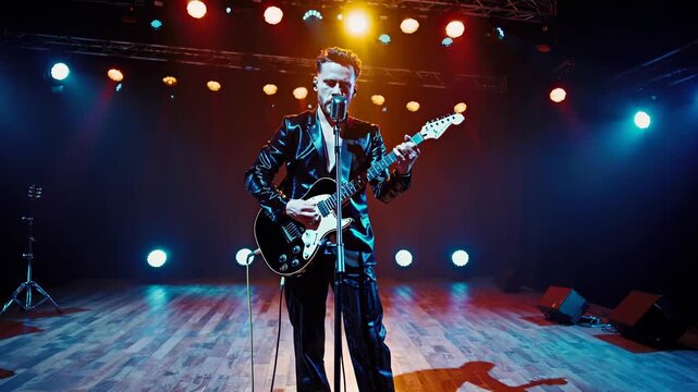 musician performing with guitar on stage. Bright stage lights, concert atmosphere surround artist. energy of live music. guitarist playing in concert hall. Colored lights illuminate musician. - Powered by Adobe