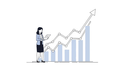 Professional woman analyzing a business growth chart, strategizing for market development and positive financial trends, symbolizing prosperity, success, and progress
