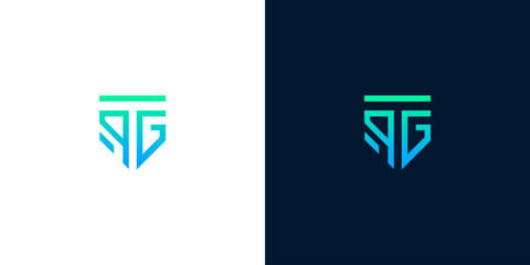 Logo design concept on contrasting backgrounds showcasing a stylized letter or symbol in shades of blue and green