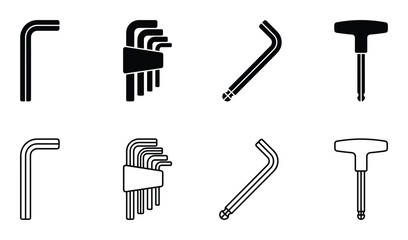 Allen Wrench Sets Vector Illustration, Solid Black and Outline Icons, Hex Key Tools