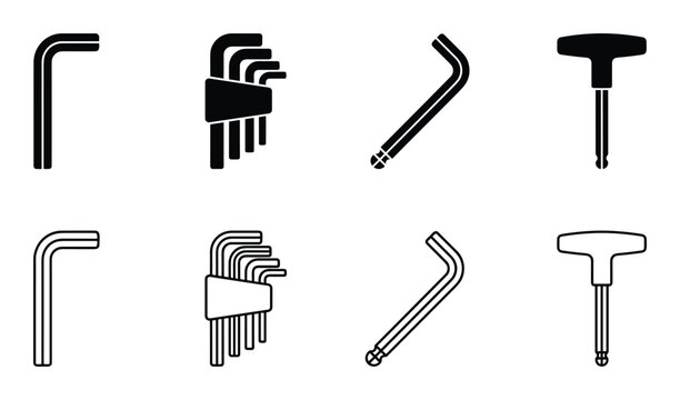 Allen Wrench Sets Vector Illustration, Solid Black and Outline Icons, Hex Key Tools