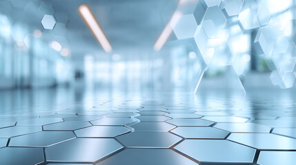 An abstract, futuristic image of a hexagonal pattern, possibly a floor or surface, in a bright, modern setting. The hexagonal shapes suggest a high-tech environment