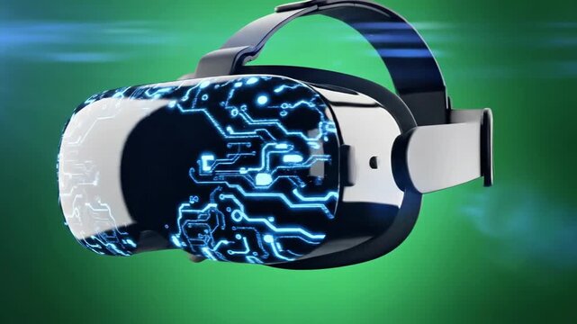 A sleek, black virtual reality headset with a blue-tinted visor and adjustable headband against a vibrant green background