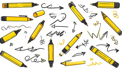 Yellow markers and scribbled arrows on white background