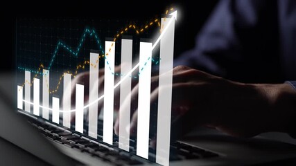 A close-up shot of hands working on a laptop, with a digital growth graph overlay. This image symbolizes business progress, data analysis, and financial success in a modern workspace. Copula - Powered by Adobe
