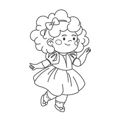 Fototapeta premium Coloring page of a cute girl in an evening dress. Line art of a kid character in beautiful clothes. Coloring book page with a children's character