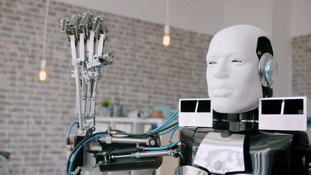 Close-up of a humanoid robot with mechanical limbs and wires against a brick wall background with a technological mood.