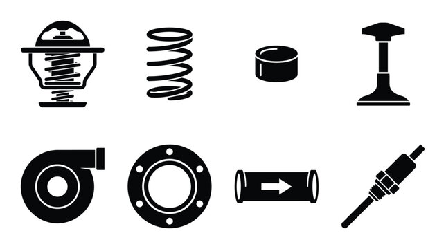 Automotive engine parts vector icons set, car mechanical components and spares elements in black silhouette style