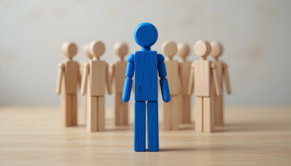Exceptional leadership and talent recruitment concept with blue wooden figure standing out from crowd for HR corporate website banner