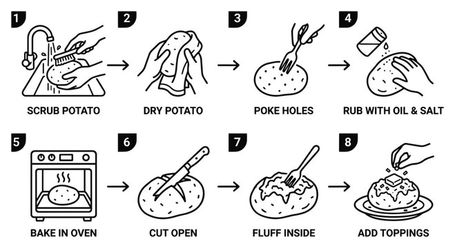 Baked potato recipe vector diagram, step by step cooking illustration