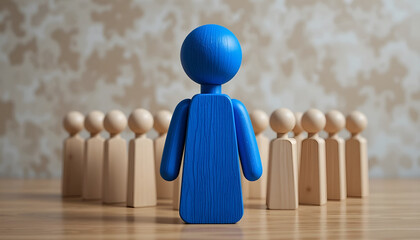 Exceptional talent and recruitment concept with blue wooden figure leading crowd for business leadership blog banner