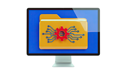 Computer monitor displaying digital folder with circuit board icon