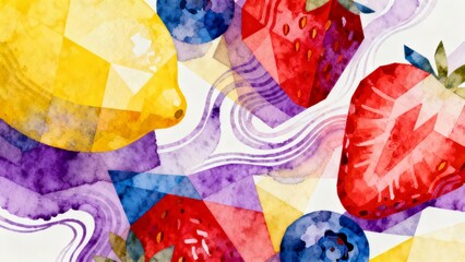 Geometric watercolor illustration of lemons, strawberries, and blueberries with abstract patterns