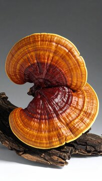 Two layered, shelf-like fungi growing on dark wood