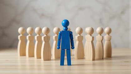 Unique talent recruitment and leadership concept with blue wooden figure standing out from a crowd for corporate human resources website banner