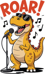Yellow dinosaur singing with sunglasses and microphone