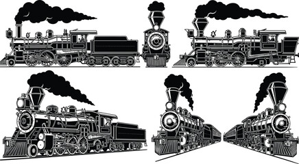 Black and White Vector Illustration of Vintage Steam Locomotives Featuring Smokestacks, Wheels, and Front Grills in Classic Train Transportation Design © SreeShontusChandra