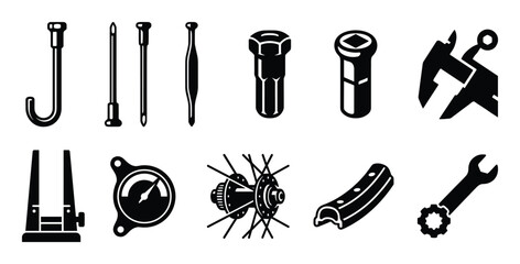 Bicycle repair tools and parts vector icons, wheel hub, spoke wrench, gauge, tire lever, calipers, nipple driver