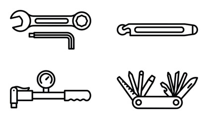Bike Repair Tools Vector Icons: Wrenches, Tire Levers, Pump, and Multi-Tool Line Art
