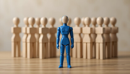 Artificial intelligence leadership and individuality concept with blue robot standing out from wooden figures for corporate technology blog banner
