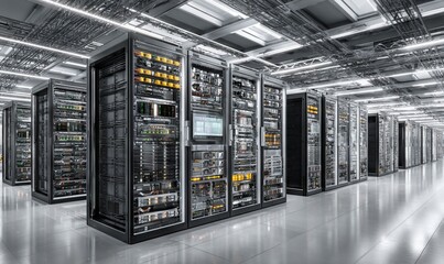 Advanced Data Center with Telecommunications Equipment and High-Tech Server Racks