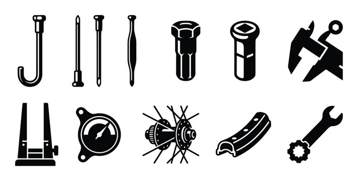 Bicycle repair tools and parts vector icons, wheel hub, spoke wrench, gauge, tire lever, calipers, nipple driver