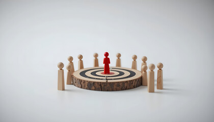 Target audience and leadership recruitment concept with red figure on bullseye for business strategy blog header