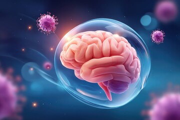 Glowing brain inside a protective bubble with floating virus cells against a dark blue background