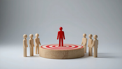 Target audience and ideal customer profile concept with red leader figure on bullseye and wooden people for marketing agency digital strategy banner
