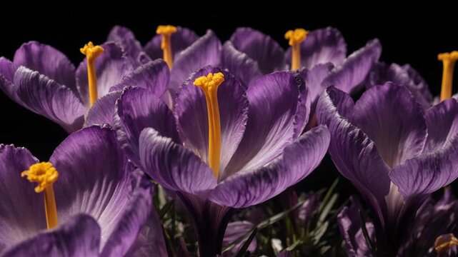 Purple Crocus Flowers Blooming in Garden on Black Background for Spring Concept