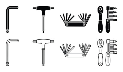 Black and white line art of Allen wrench, T-handle, multi tool, and ratchet set for maintenance and repair