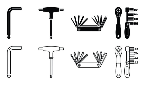 Black and white line art of Allen wrench, T-handle, multi tool, and ratchet set for maintenance and repair - Powered by Adobe