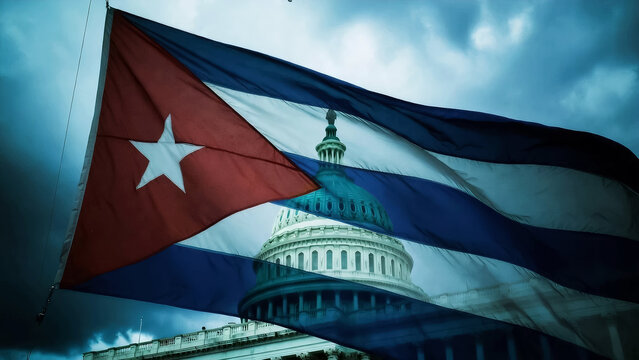 cuban flag superimposed on the united states capitol dome in washington under a cloudy sky