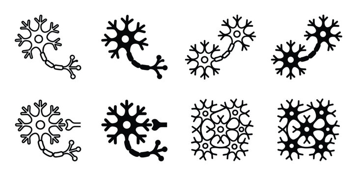 Black and white neuron cell structure icons vector set illustration