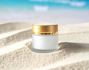 High-quality photorealistic mockup of a blank frosted glass jar with a gold lid on damp beach sand. Featuring natural sunlight and ocean background, perfect for summer skincare and luxury spa product 