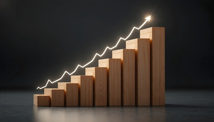 Business financial growth and stock market success concept with rising wooden bar graph and glowing upward arrow for investment firm landing page