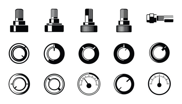 Black and white potentiometer knobs, control knobs, audio equipment vector icons isolated on white background
