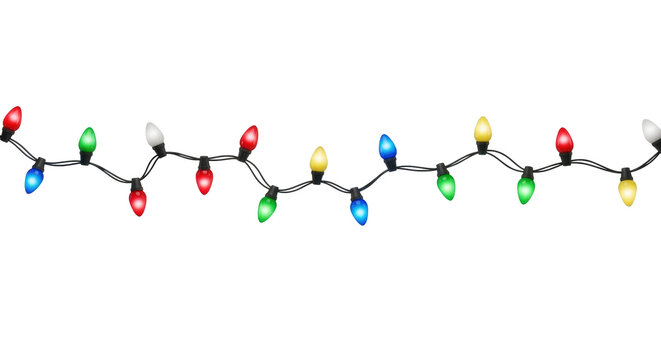 A photorealistic image of vintage c7 christmas lights, glossy red, green, blue, yellow bulbs, and a dark wavy wire, isolated on a seamless transparent background. Festive holiday concept