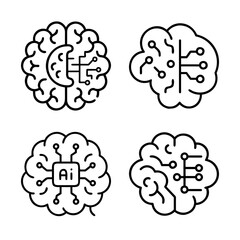Four brain illustrations showcasing artificial intelligence and neurological technology concepts
