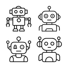 Collection of Four Simple Outline Style Robots with Unique Designs and Elements