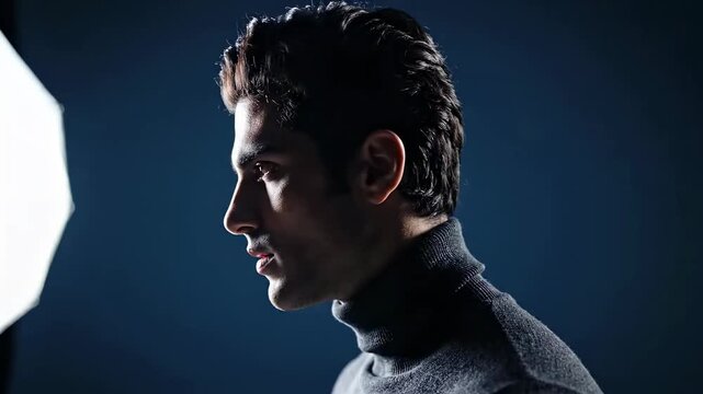 Dramatic Profile Portrait of a Pensive Man in a Studio Setting.