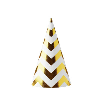 Single transparent cone party hat with a metallic gold chevron pattern, resting on a seamless reflective surface, isolated on a transparent studio background. Concept for special occasion