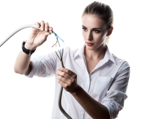 Professional young woman in white shirt and black watch carefully examines exposed multicolored electrical wires from, isolated on white background